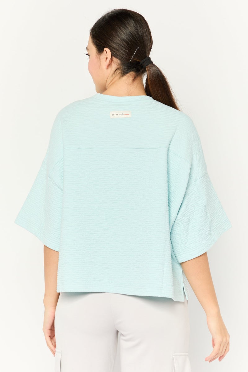 TRIBE OF 6 Women Crew Neck Short Sleeves Textured T-Shirt, Light  Blue - Image 4